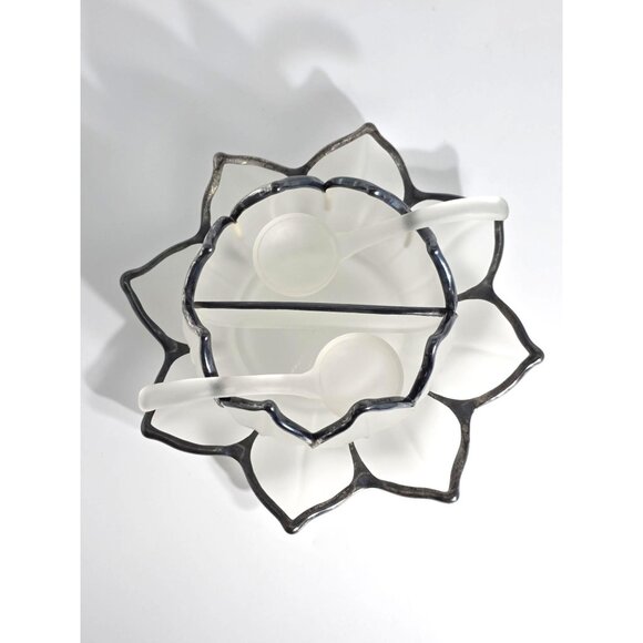 Frosted Glass Lotus Serving Bowl Plate Spoons With Silver-Toned Trim Vintage - Picture 12 of 12